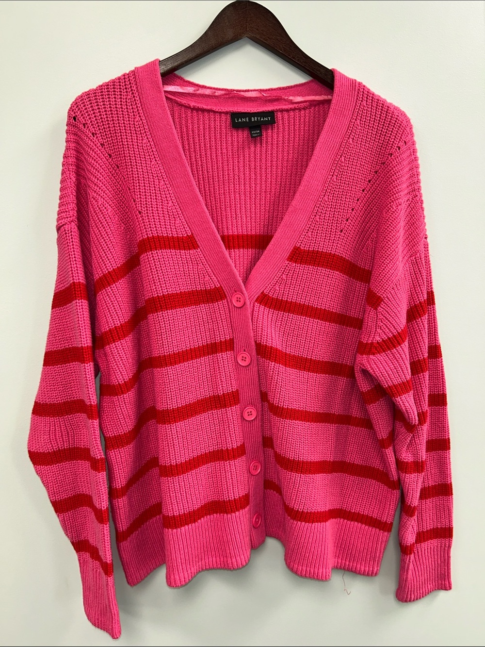 Lane Bryant Hot Pink & Red Striped V-Neck Button Cardigan